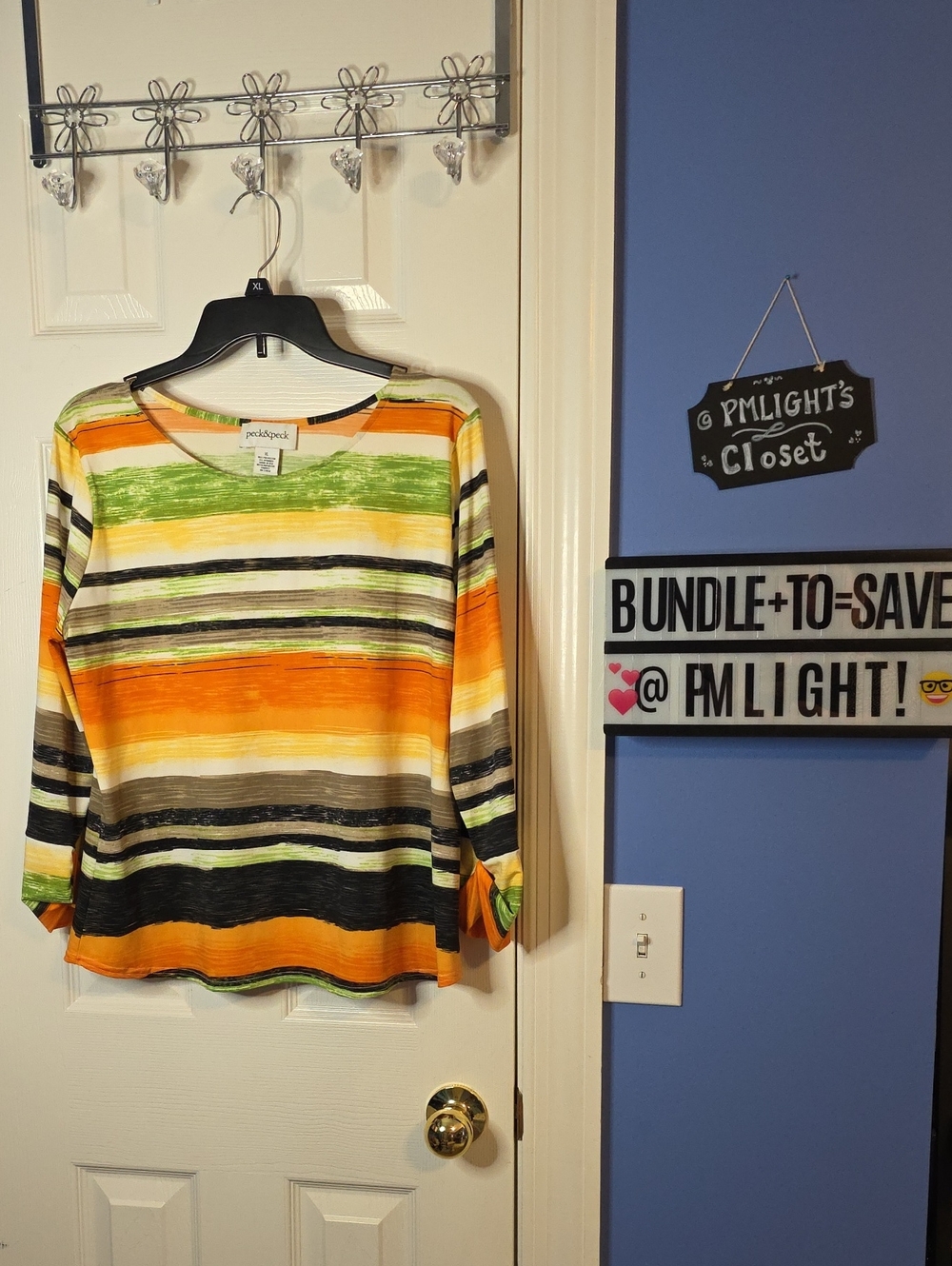 Peck & Peck Striped Long Sleeve Top XL Orange Green Black Cream Lime Green